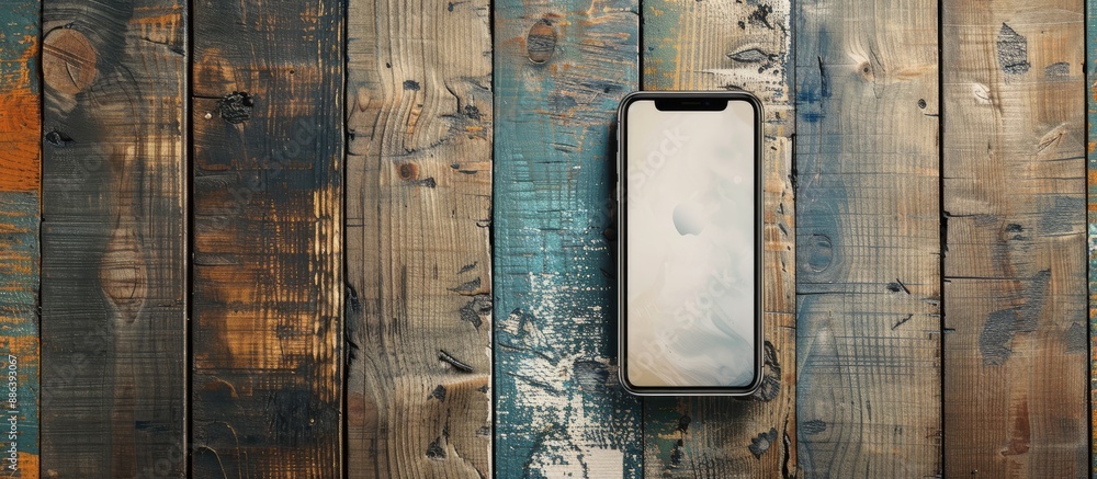 Poster mockup of a phone placed on a wooden background with a painted desktop, ideal for displaying content