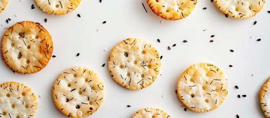 Japanese rice crackers flavored with seaweed on a white backdrop with open space for text or graphics. image with copy space