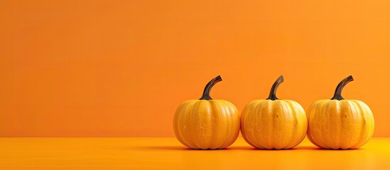 Three pumpkins practicing social distancing on an orange background, ideal for Thanksgiving or Halloween events, providing ample copy space image.