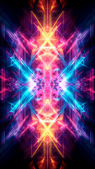Kaleidoscopic Neon Lights Pattern. Futuristic Design, Vibrant Colors, Electric Symmetry.
