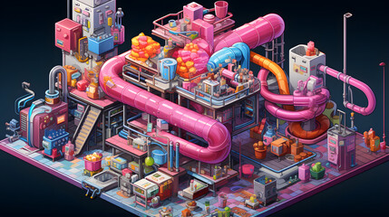 An isometric illustration of a candy factory, filled with colorful pipes, machinery, and sweets.