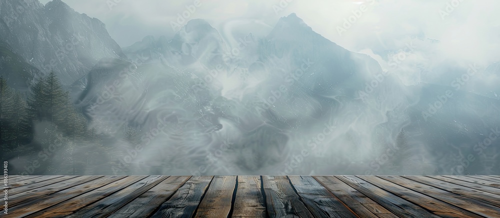 Poster mountain backdrop with misty fog gives a rustic feel to this wood floor setting, perfect for a backg