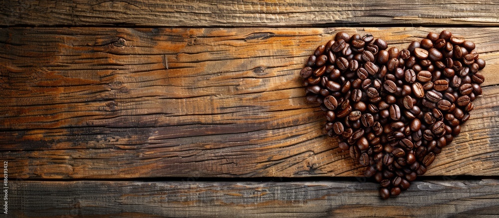 Poster heart made from coffee beans on a rustic wooden table background with copy space image.