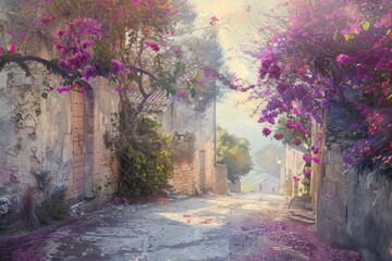 Obraz premium Sunlit Pathway Through Blooming Village