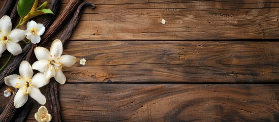 Vanilla pods and flowers on a wooden background with a vanilla pod placed on a table. Vanilla-themed border design with room for text in the copy space image.