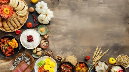 A Chuseok (Korean Thanksgiving) banner with a display of traditional foods and rice cakes, with copy space at the top. 