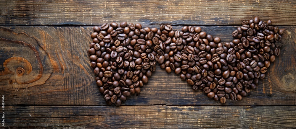 Poster heart made from coffee beans on a rustic wooden table background with copy space image.
