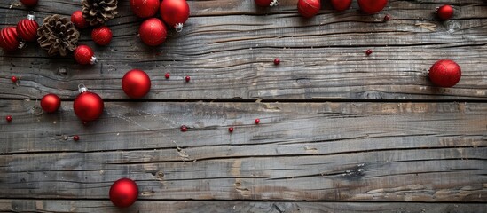 Rustic wooden boards with red ball ornaments create a festive Merry Christmas background featuring a copy space image.