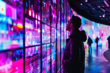 A man standing in front of vibrant digital screens displaying interactive content, Digital screens displaying interactive content