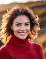 Fototapeta premium Woman in Red Sweater with Beaming Smile, Warm Golden Light, Outdoor Setting, portrait of a person