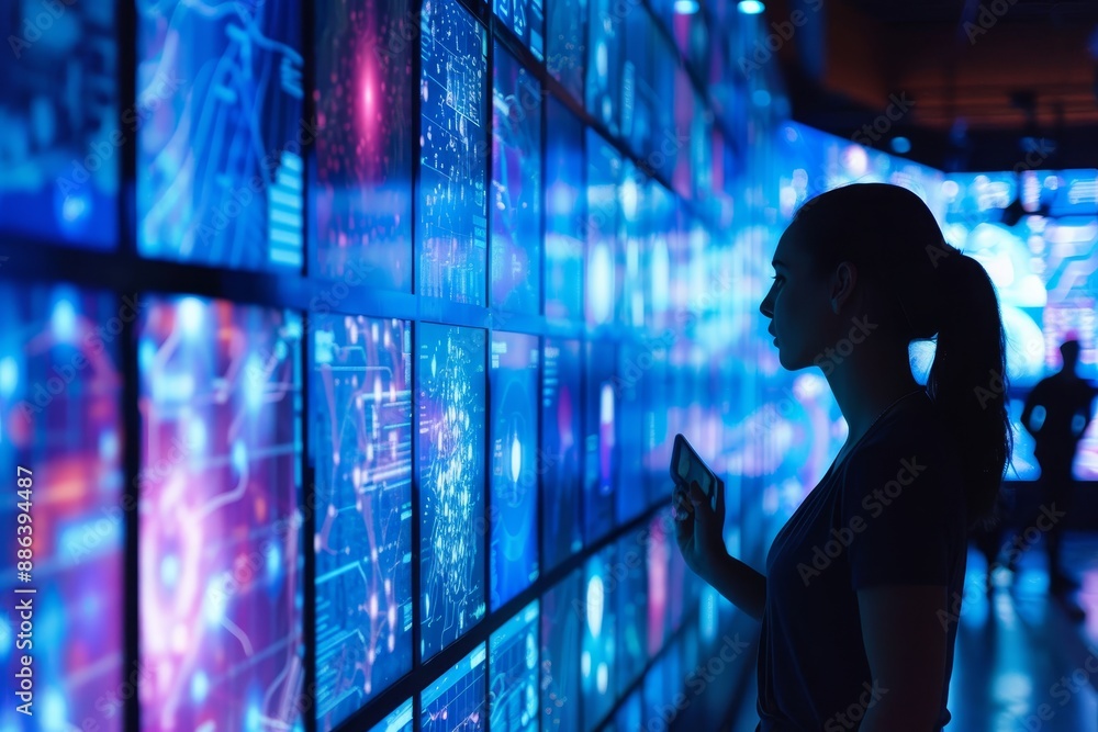 Poster a woman stands in front of a large screen, interacting with the content displayed, digital screens d