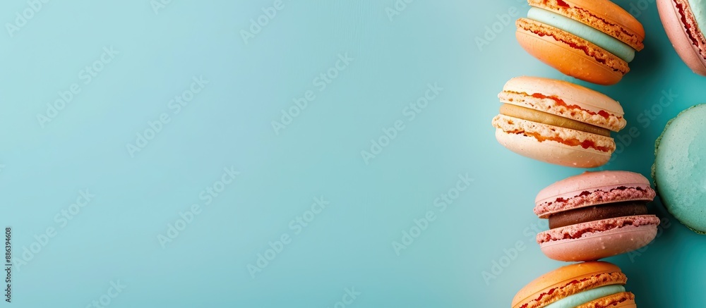 Poster top-down view of macarons on a turquoise backdrop with space for additional content in the photograp