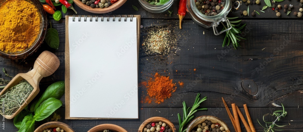 Poster wooden table with herbs and spices, accompanied by a blank notepad for adding text or images. image 