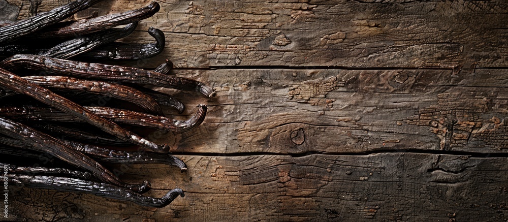 Poster vanilla pods arranged on a rustic wooden surface with empty space for text or graphics in the image.