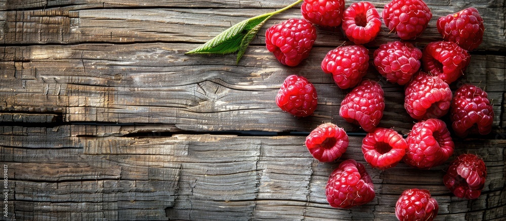 Aufkleber ripe raspberries arranged on a rustic wooden surface creating an appealing setting for a copy space 