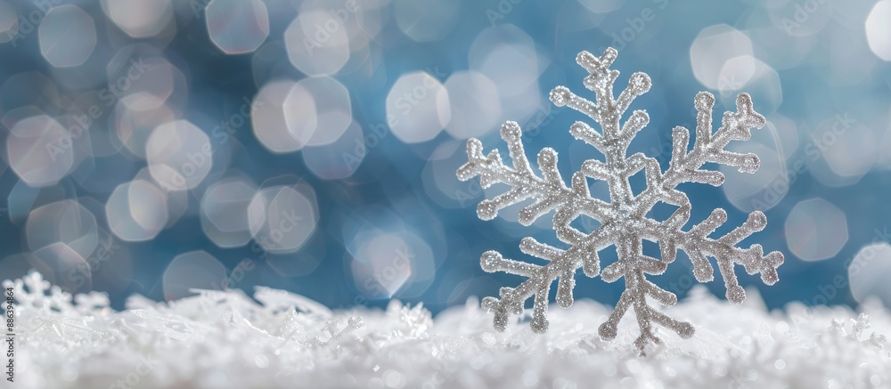 Poster silver snowflake decoration with a blur blue backdrop and space for text. shallow depth of field in 