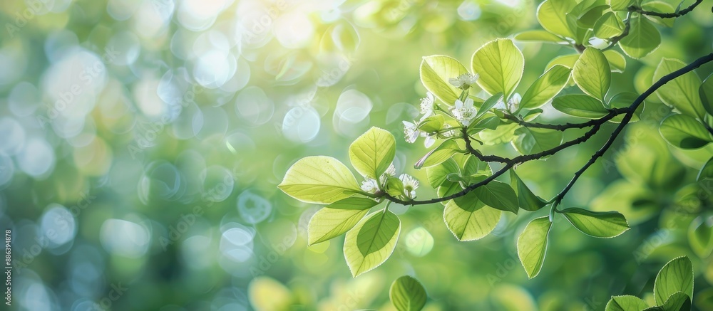 Poster fresh green leaves adorn blooming trees in a springtime setting, creating an ideal copy space image.