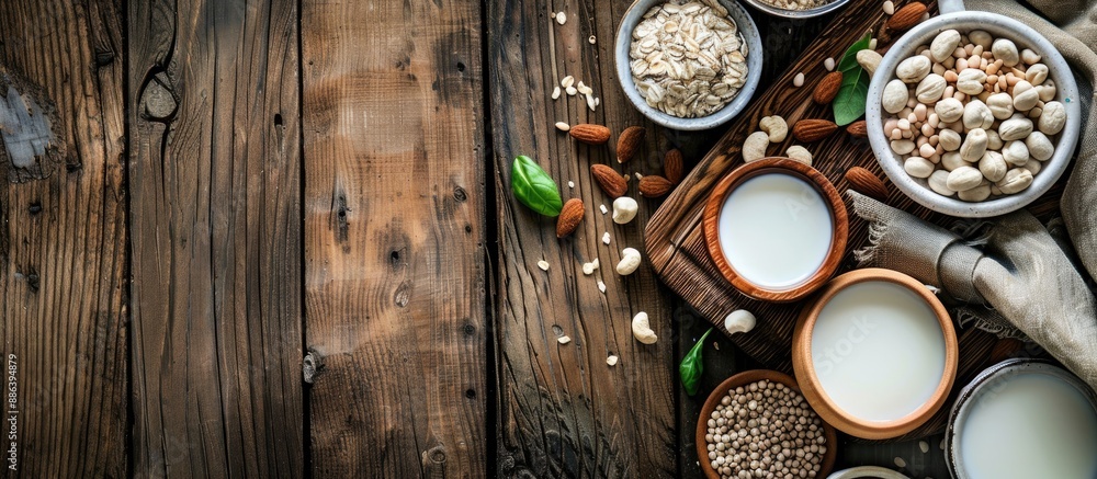 Poster various types of plant-based milks and ingredients placed on a wooden tabletop in a flat lay composi