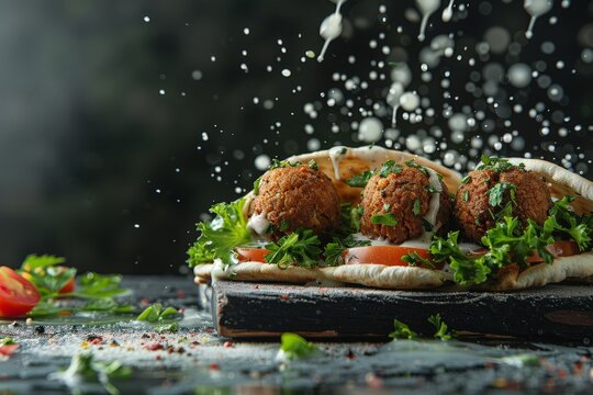 Falafel balls and pita with toppings floating dynamically