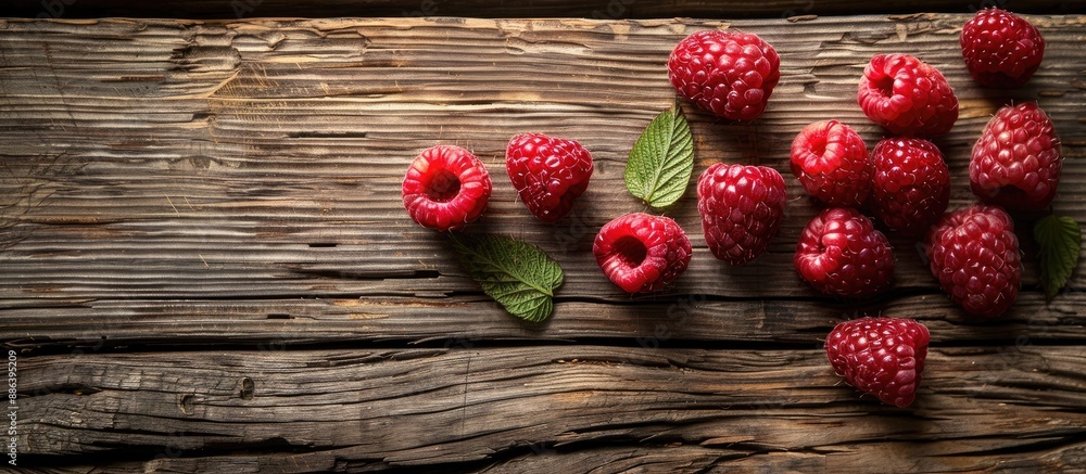 Poster ripe raspberries arranged on a rustic wooden surface creating an appealing setting for a copy space 