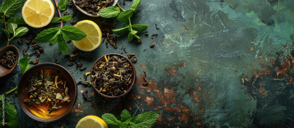 Poster top-down image of assorted dried tea, mint, and lemon with room for text or other elements. image wi
