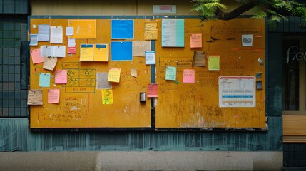 Old Bulletin Board Covered with Colorful Notes and Posters.