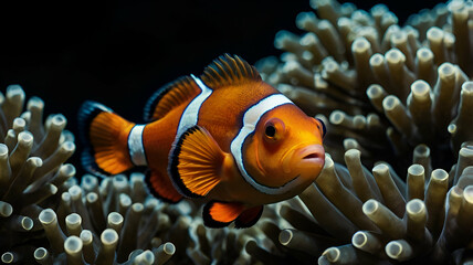 a cartoon colorful  Clown fish fish on black background, Sea creatures 