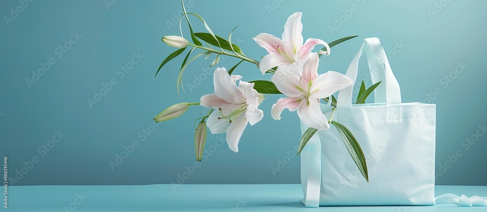Poster white lily bag on a blue backdrop with ample copy space image.