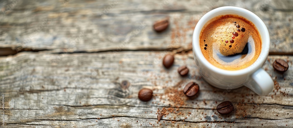 Aufkleber fresh espresso in a cup on a rustic wooden surface with copy space image.