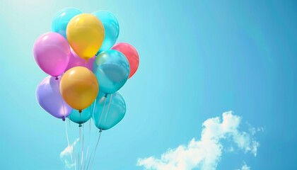 Naklejka premium Colorful helium balloons floating against blue sky