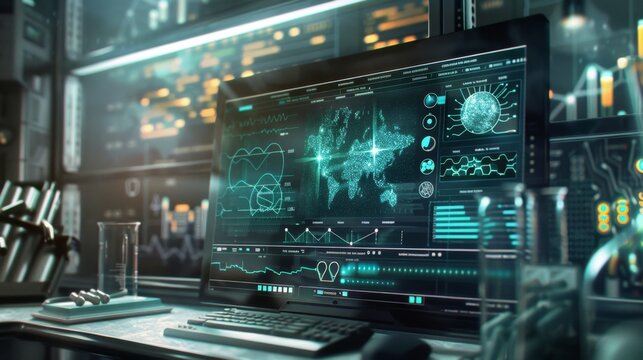 Futuristic Computer Interface with World Map and Data.