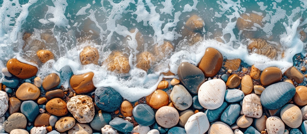 Poster top view of stones on the beach with ocean waves, providing a textured backdrop for a copy space ima