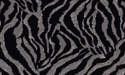 Detailed Black Tiger Skin Pattern Vector Illustration With Wild Texture. Animal Striped Skin Fur Pattern Texture Background
