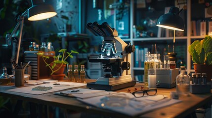 Microscope on a Lab Table at Night.