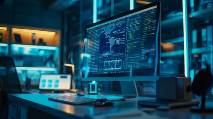 Computer Screen with Data and World Map.