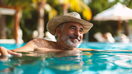 Portrait of happy senior man relaxing in swimming pool at tropical resort