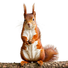 Fototapeta premium Cute red squirrel Sciurus vulgaris perched fluffy tail curled holding acorn in paws Animal photography