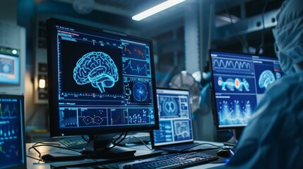 Human Brain Model on Computer Screen with Data Analysis.