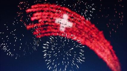 Switzerland holiday banner template. Fireworks swiss flag night sky background. Swiss national holiday. Switzerland flag fireworks. Template, place for text, copy space. Animated greeting card