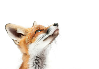 Obraz premium Alert red fox kit sits attentive with ears perked on white background. Wildlife Animals.