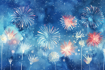 Fototapeta premium Multicolored fireworks over the blue surface of the lake at night ,Sky lanterns with fireworks, flying lanterns, floating lanterns, hot-air balloons , 