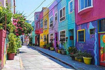 Obraz premium Vibrant street scene in San Francisco, California featuring historic architecture, bustling traffic, and diverse crowds, Discovering hidden gems in a lively and colorful neighborhood