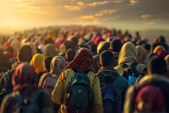 Crowd of refugee people goes in a line and a humanitarian disaster zone to cross the border into another country. 