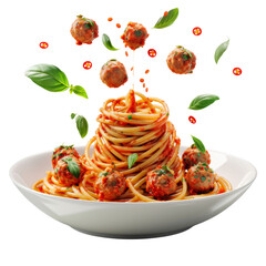 Culinary Magic: Levitating Spaghetti with Meatballs and Tomato Sauce - Vibrant 3D Rendering of Classic Italian Dish cut out dicut PNG on transparent