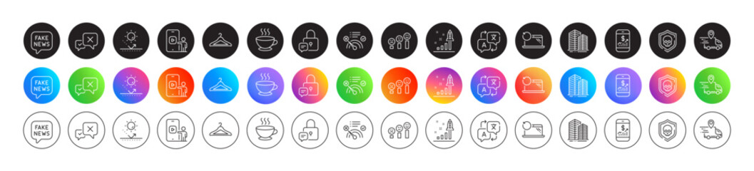 Delivery truck, Lock and Coffee cup line icons. Round icon gradient buttons. Pack of No internet, Reject, Development plan icon. Recovery laptop, Customer satisfaction, Translate pictogram. Vector