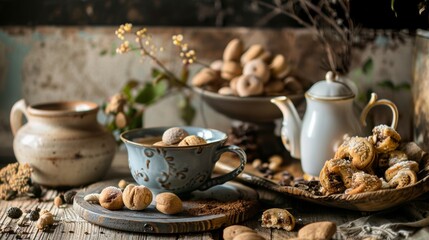Fototapeta premium Rustic Tea Set with Cookies on Wooden Table
