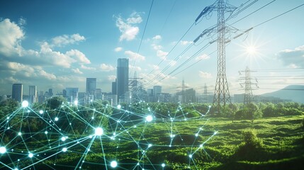 A smart grid system integrating renewable energy sources, advanced digital controls, and efficient energy distribution across a green city.