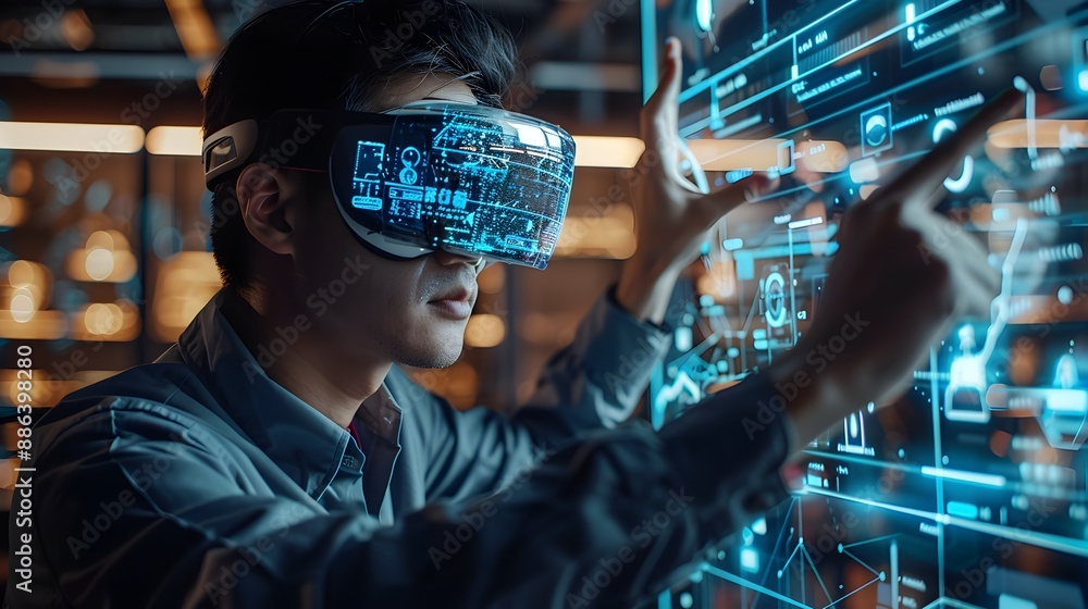 Poster futuristic tech startup developing new networking protocol with holograms and virtual interfaces