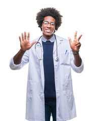 Afro american doctor man over isolated background showing and pointing up with fingers number eight while smiling confident and happy.