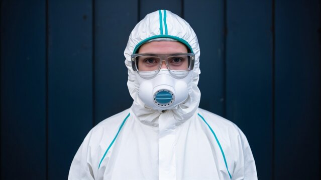Portrait of a virus control worker in protective white gear